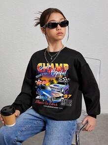 Teen Girls' Casual Cartoon Patterned Sweatshirt Suitable For Autumn And Winter - Black - View 1