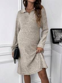 SHEIN Premaman Abiti con zip spalle cadenti in maglia a coste - Albicocca - Visualizzare 4