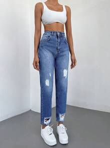 SHEIN Cottnline High Waist Ripped Mom Fit Jeans - Blue - View 6