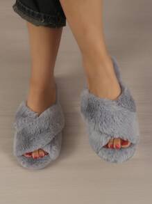 Fall/Winter Ladies' Fashionable Light Purple Solid Color Bedroom Slippers With Crossed Strap And Fluffy Design - Mauve Purple - View 6