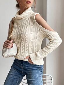 SHEIN Essnce Áo cao cổ Vai lạnh Xoắn Dan Áo len - Màu be - Xem 6