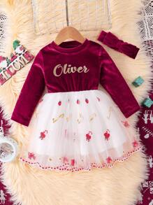 Conjunto de camiseta con estampado de letras para bebé niña, con vestido de malla bordado con elementos navideños y banda para el cabello - Multicolor - Ver 1