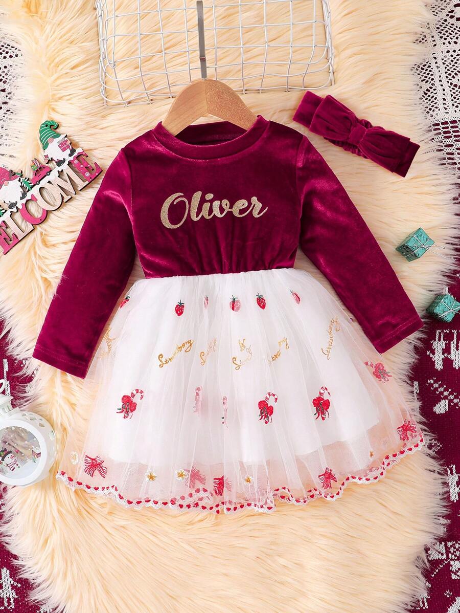 Conjunto de camiseta con estampado de letras para bebé niña, con vestido de malla bordado con elementos navideños y banda para el cabello - Multicolor - Ver 1