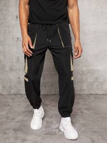 Manfinity RebelGame Men Contrast Panel Flap Pocket Side Drawstring Waist Cargo Pants - Khaki - View 3