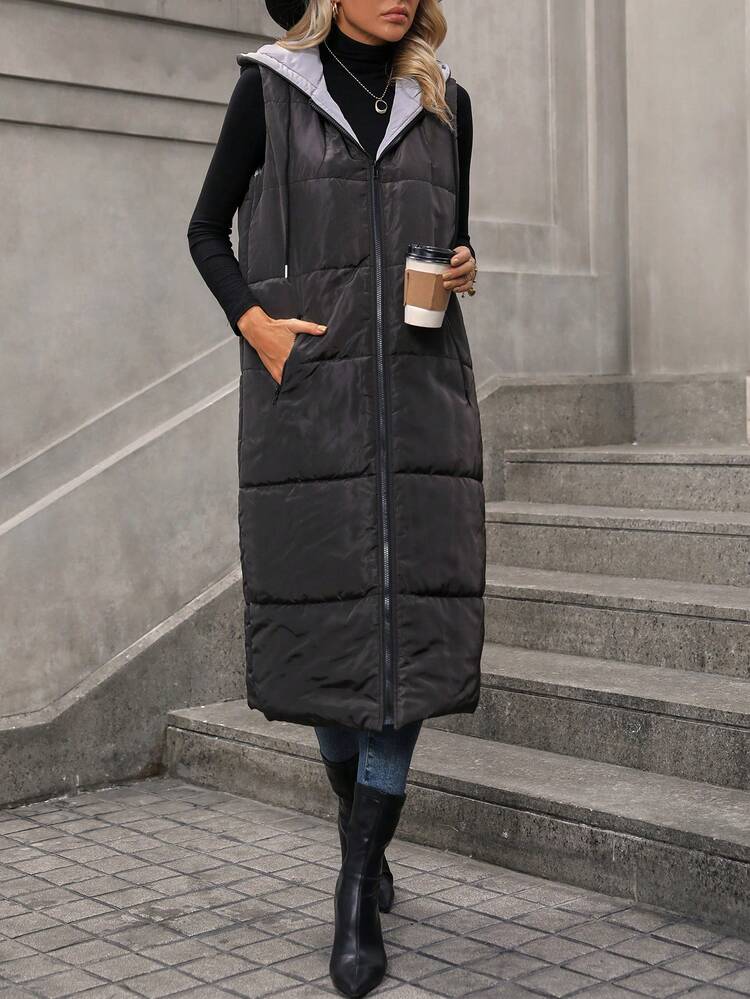 Zip Up Drawstring Hooded Vest Coat For Winter