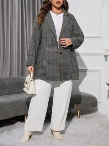 SHEIN LUNE Plus Plaid Print Lapel Neck Overcoat Fall Cloth For Women - Black - View 4