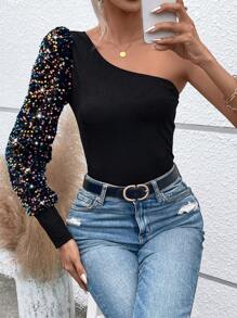 Chiquease 單肩亮片拼接燈籠袖T恤 - 黑色 - 查看 4