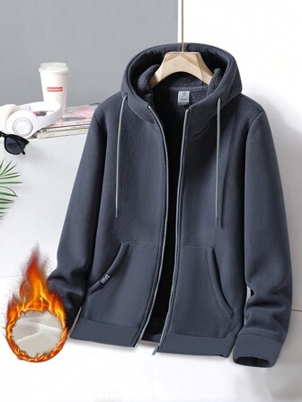 男士拉鏈開襟加絨內裏抽繩連帽夾克