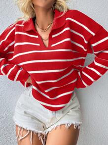 Cloudara Striped Pattern Drop Shoulder Sweater - Red - View 4