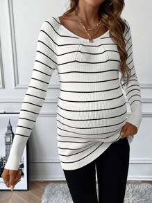 SHEIN 孕婦條紋圖案條紋針織插肩袖套頭毛衣 - 黑與白 - 查看 3