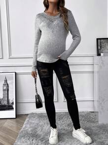 SHEIN Maternidad Camiseta con encaje tejido de canalé - Gris - Ver 5