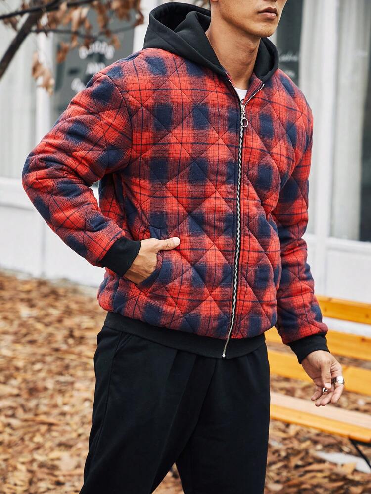 Men Plaid Print Zip Up Hooded Padded Coat