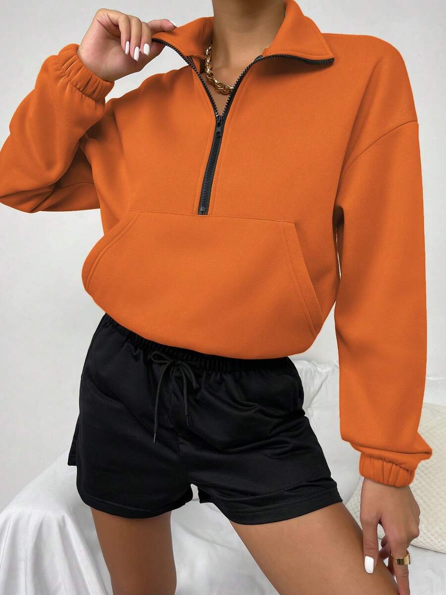 SHEIN Unity Kangaroo Pocket Drop Shoulder Half Zip Pullover - Orange - View 1
