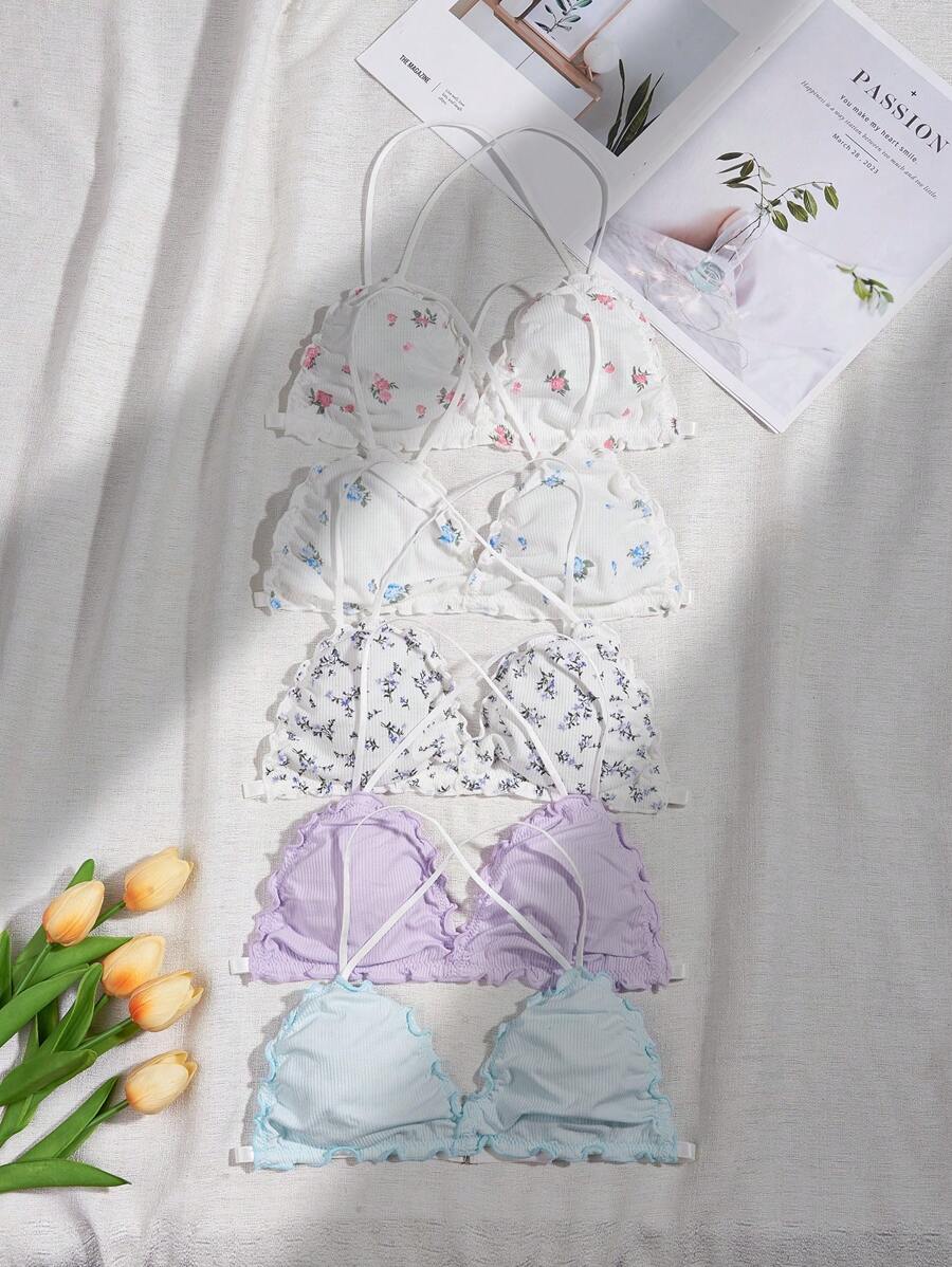5 件花卉印花生菜边文胸，可爱