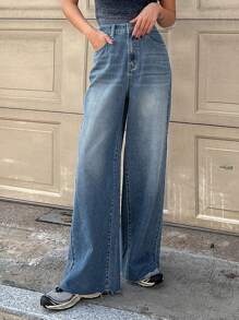 DAZY 女性高腰寬腿牛仔褲,帶原始邊邊和拼接口袋 - 中等水洗藍 - 查看 6