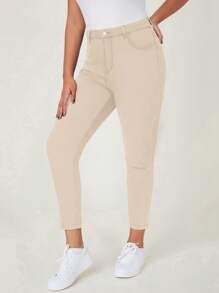 Pantalones ajustados de talla grande de color liso con cierre de cremallera - Caqui - Ver 4