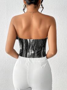 SHEIN Privé Top bandeau con estampado de dibujo ribete con fruncido - Blanco y Negro - Ver 2