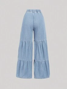 SHEIN Teen Girl Drawstring Waist Ruffle Hem Jeans - Light Wash - View 2