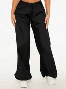 SHEIN PETITE Solid Drawstring Waist Parachute Pants - Black - View 1