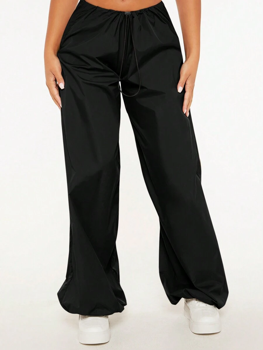 SHEIN PETITE Solid Drawstring Waist Parachute Pants - Black - View 1