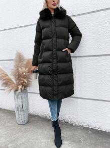 Chiquease 毛绒装饰连帽加厚棉服外套冬季 - 黑色 - 查看 5