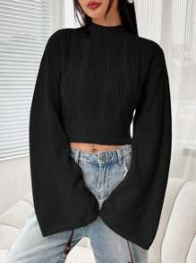 SHEIN EZwear 秋冬款黑色立领喇叭袖短款毛衣、长袖上衣 - 黑色 - 查看 6