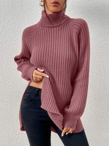 SHEIN Frenchy Cổ cao Tay Raglan Tay áo Áo len - Bụi hồng - Xem 4