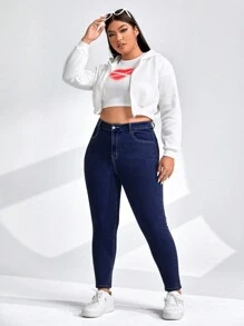 SHEIN Essnce Talla grande Jeans ajustados con bolsillo oblicuo - Azul lavado oscuro - Ver 3