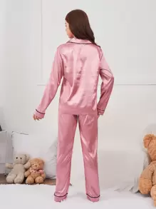 SHEIN Explorewe 青少年女孩字母刺繡拼接滾邊緞面睡衣套裝 - 藕粉色 - 查看 2