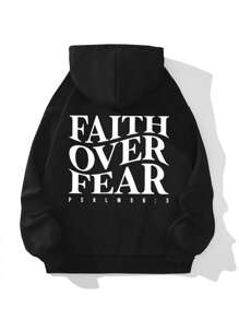 INAWLY 字母图案落肩抽绳保暖内衬连帽衫 FAITH OVER FEAR PSALM - 黑色 - 查看 4