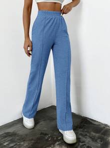 SHEIN Cottnline 净色弹性腰部斜口袋运动裤 - 藍色 - 查看 4