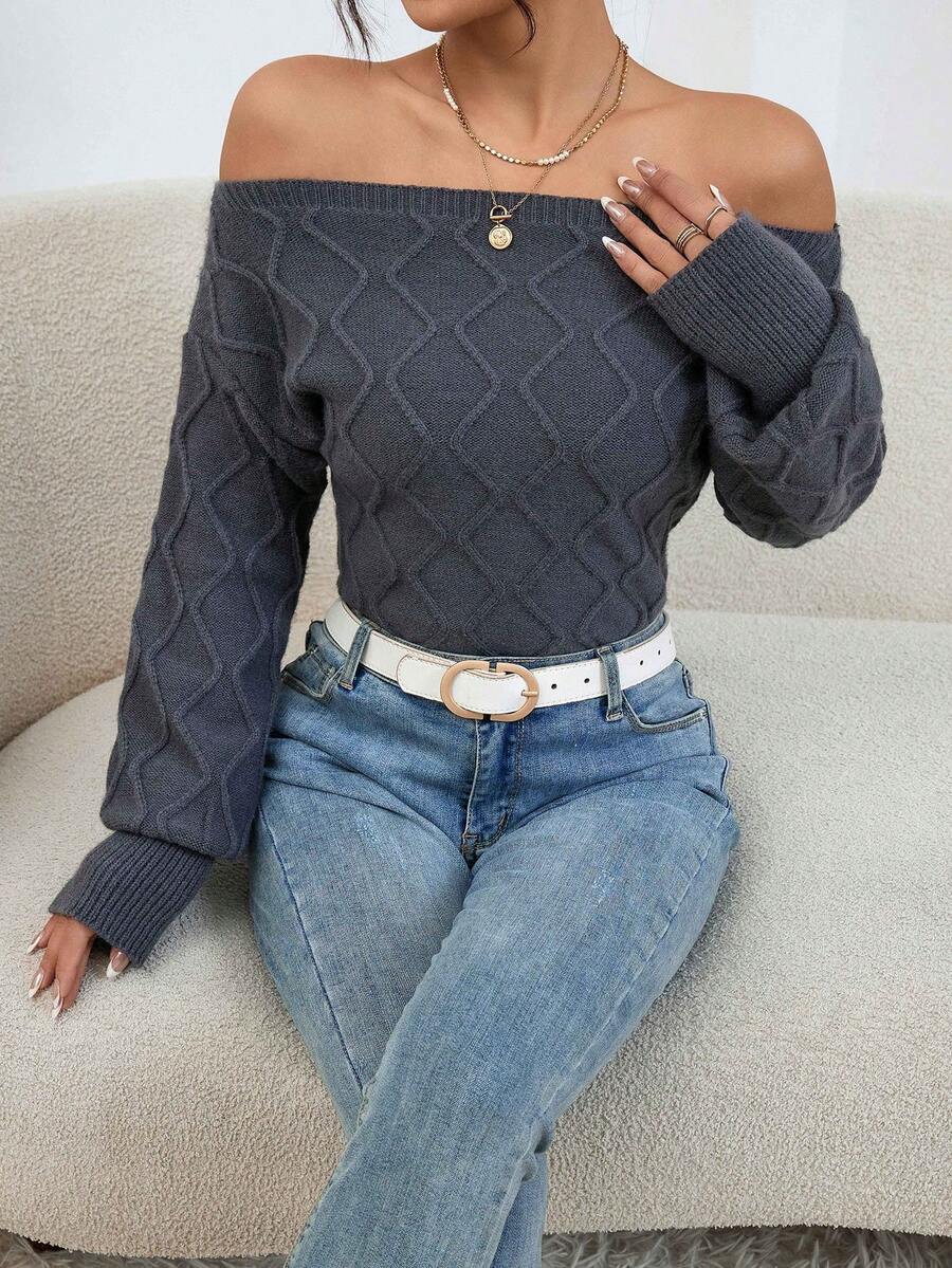 SHEIN Essnce Off Shoulder Lantern Sleeve Sweater - Grey - View 1