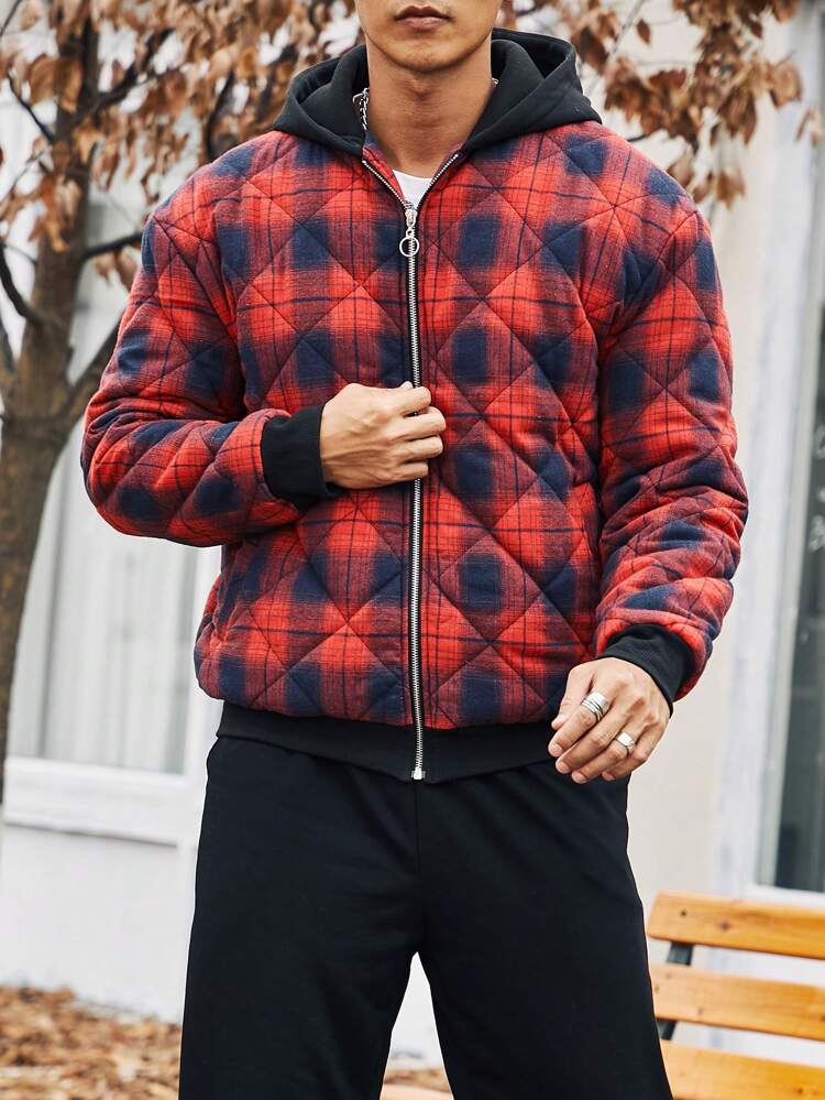 Men Plaid Print Zip Up Hooded Padded Coat