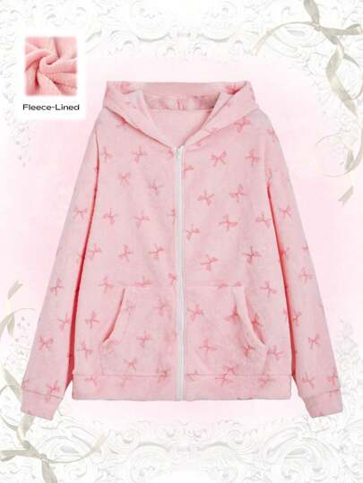 Kawaii Bow Allover Print Drop Shoulder Hooded Teddy Coat