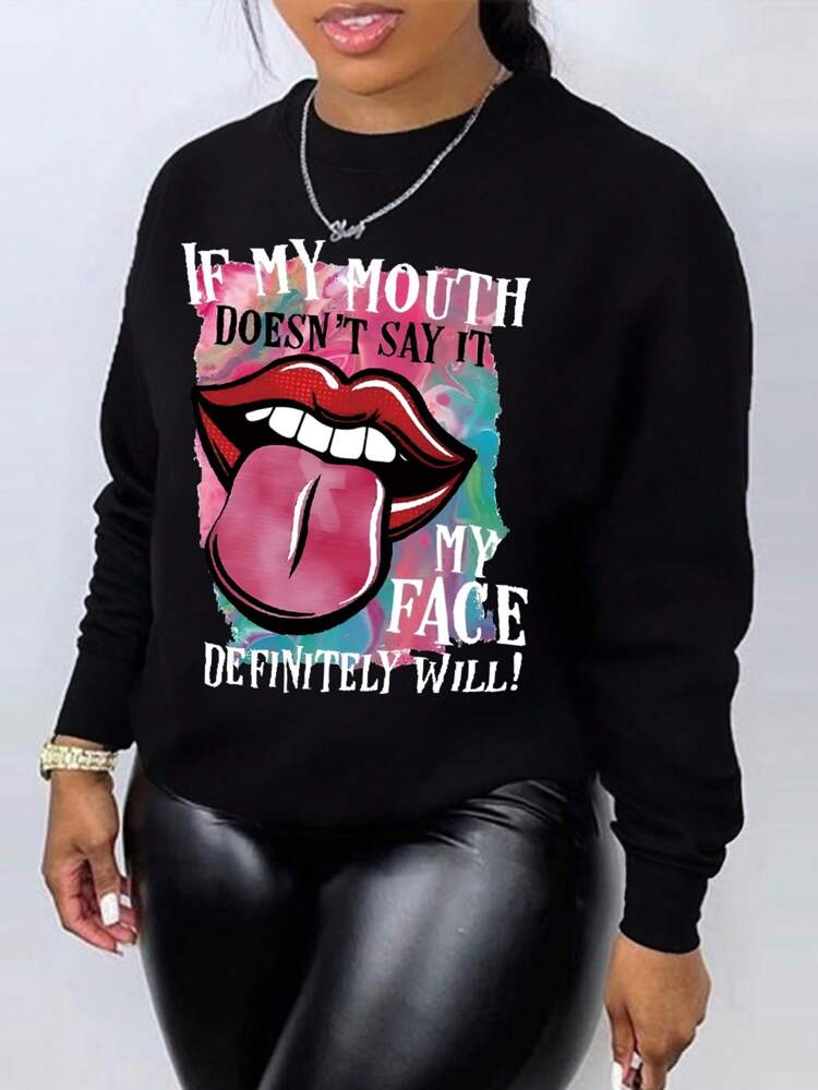 Plus Lip & Slogan Graphic Drop Shoulder Sweatshirt Graduation,Back To School,Graduation,Teacher For Women,Back To School Pullover Fall Winter Sweatshirt Autumn