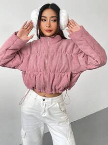 SHEIN EZwear Áo khoác nhung kẻ có đệm vai thả khóa kéo - Màu Hồng baby - Xem 7