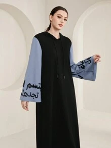 Seusyu In Khẩu hiệu tay áo lá sen Dây rút Đầm có mũ - Nhiều màu - Xem 6