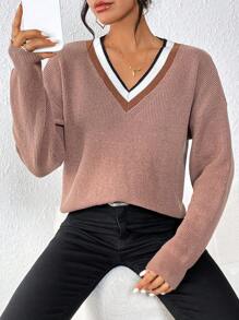 SHEIN Unity Striped Trim Drop Shoulder Sweater - Khaki - View 1