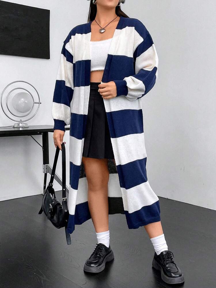 Plus Size Two Tone Drop Shoulder Cardigan Fall Cloth For Women