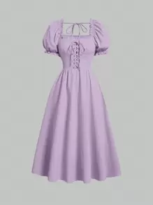 SHEIN MOD 素色前繫帶泡泡袖洋裝