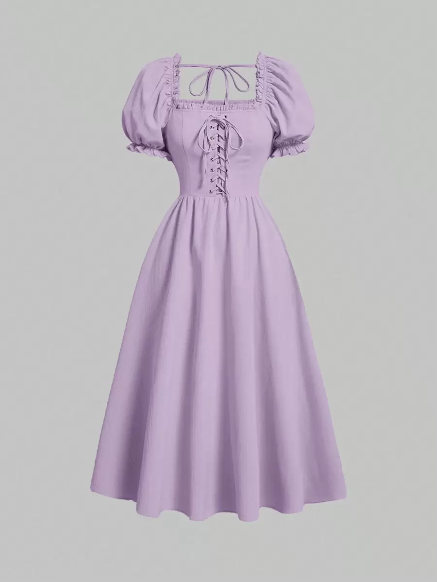 SHEIN MOD 素色前繫帶泡泡袖洋裝