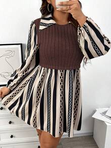 Celure Talla grande Vestido 2 en 1 de rayas & con estampado de cadena de manga farol - Multicolor - Ver 7