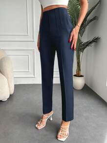 EURMUSE Seam Detail Slant Pocket Suit Pants - Navy Blue - View 4