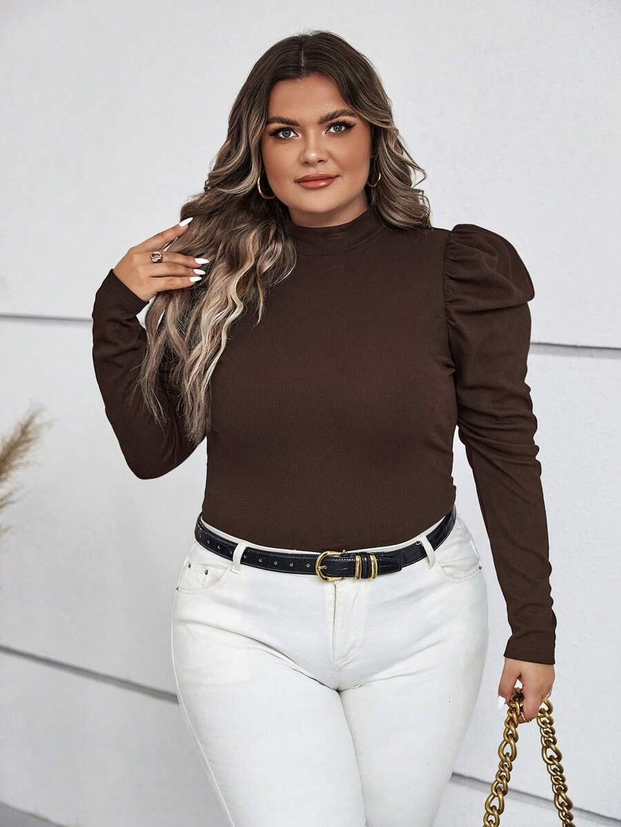 SHEIN Clasi Plus Mock Neck Gigot Sleeve Tee - Coffee Brown - View 1