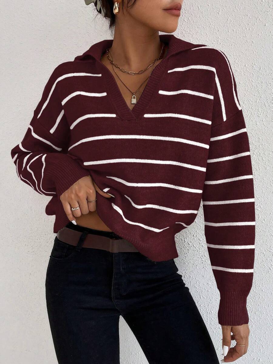 EMERY ROSE Striped Pattern Drop Shoulder Sweater