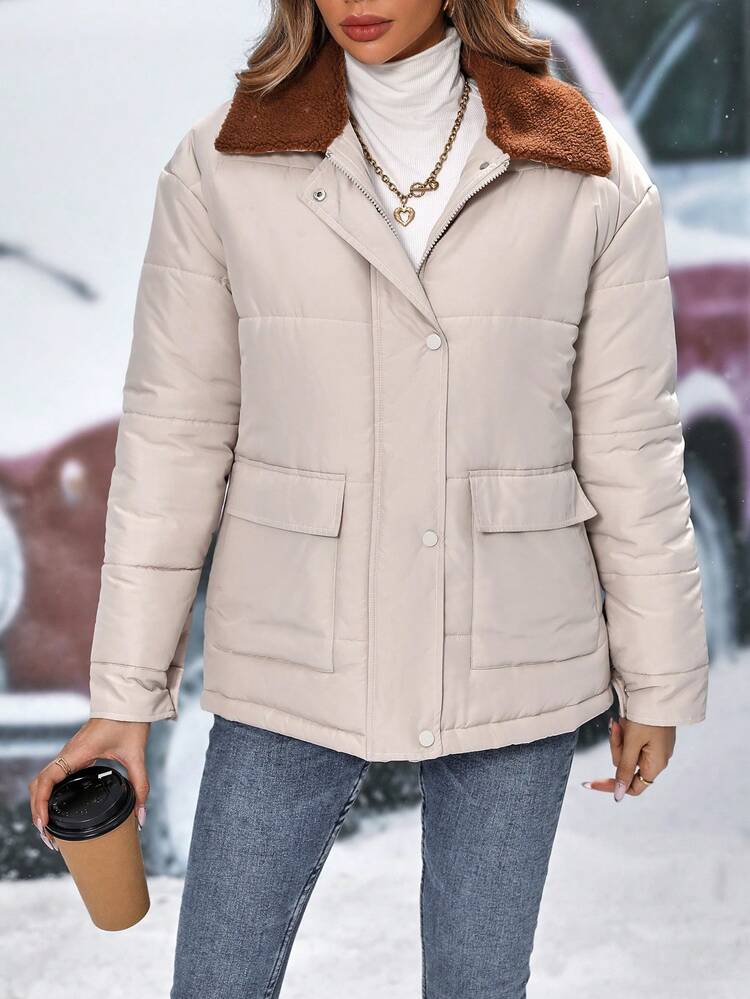 Borg Collar Flap Pocket Padded Padded Coat Clothes Winter Fall Cloth For Women