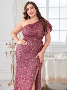 單肩亮片禮服連身裙 - 藕粉色 - 查看 5