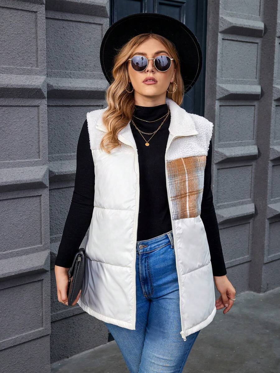 Calvaya Plus Size Plaid Pattern Teddy Panel Zip Up Vest Padded Padded Coat Clothes Winter Without Sweater - Multicolor - View 1