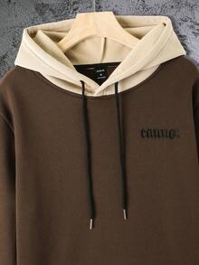 Manfinity Homme Nam Thêu Chữ Túi kangaroo Dây rút Hoodie - Cà phê nâu - Xem 3