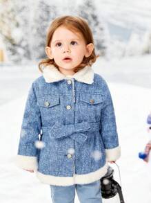 SHEIN Infant Girls' Casual Thermal Lined Long Coat With Lapel Collar And Belt